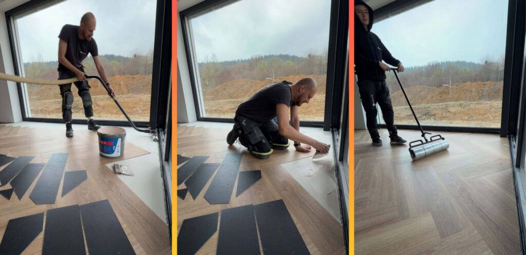 Aplikákácia lepidla uzin a podlahy designflooring v Žiline