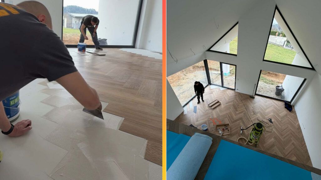Aplikákácia lepidla Uzin KE66 a podlahy designflooring v Žiline
